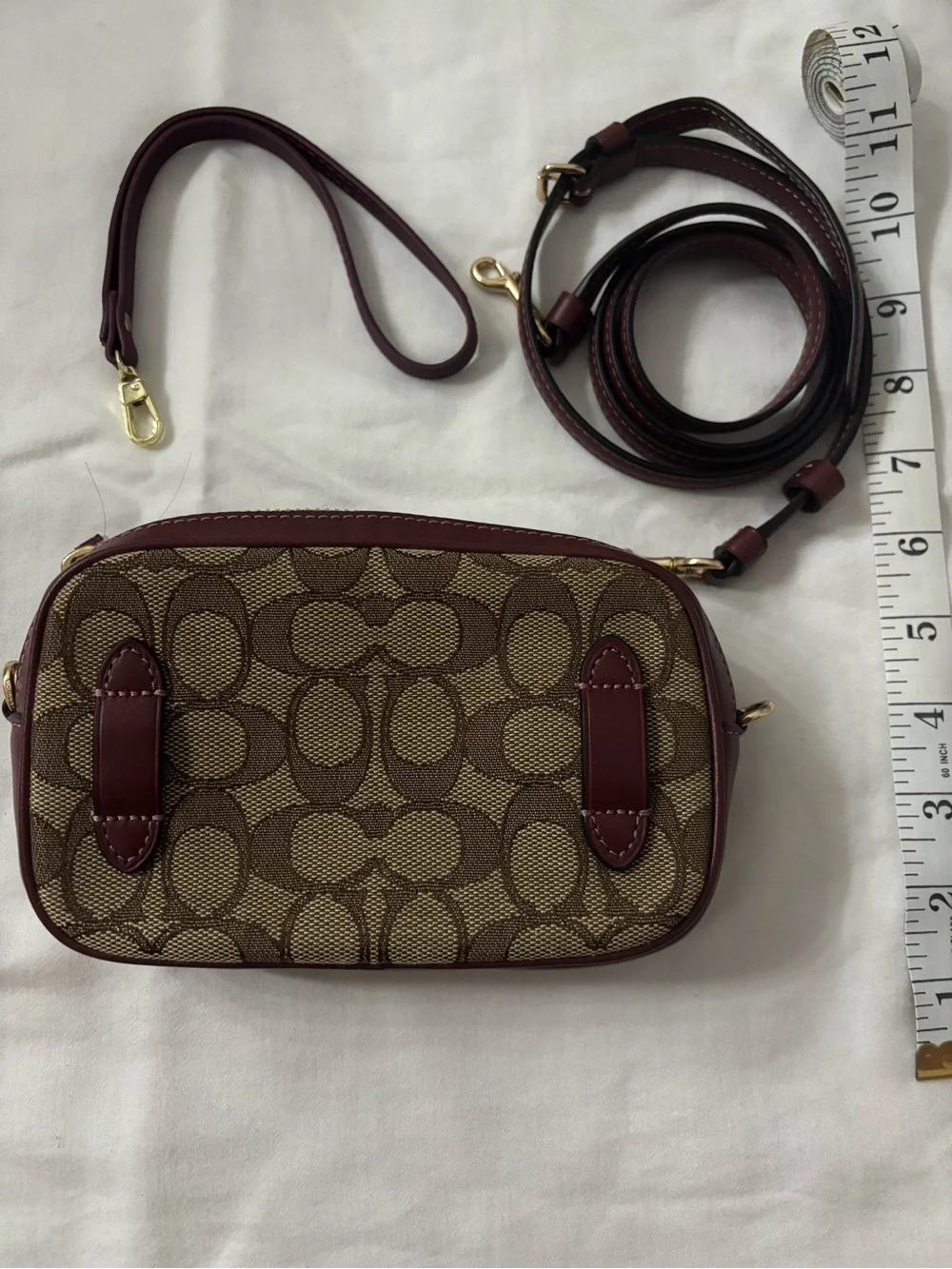 Coach Mini Crossbody in Brown Canvas with Burgundy Trim